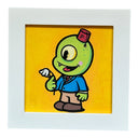 Acrylic painting of a green one-eyed monster character, made to look like a cute kid wearing a fez hat and a suit. He holds a wilted flower and smiles.