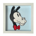 Framed artwork of a retro cartoon horse character's floating head with a red bow tie on a light blue background