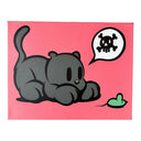 Cartoon cat with a speech bubble containing a skull and crossbones symbol on a pink background. It sits playfully in front of a green toy mouse.