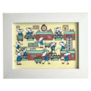 Painting of many white cartoon mice, dressed as factory workers in a factory production line setting. They sort and make chocolate treats.