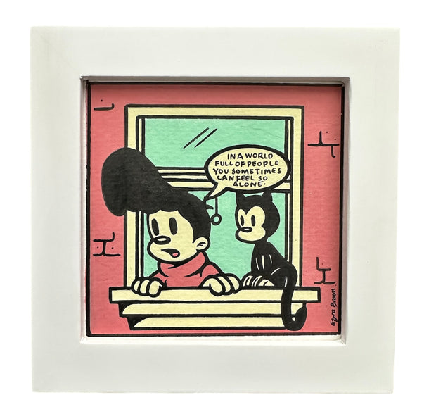 Cartoon illustration of two characters looking out a window with a speech bubble.