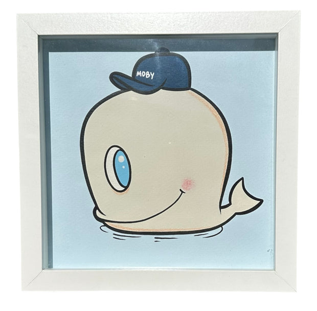 Illustration of a cartoon whale, with a very large body and tiny tail. it has a cartoon blue eye and wears a navy blue baseball cap that reads "moby"