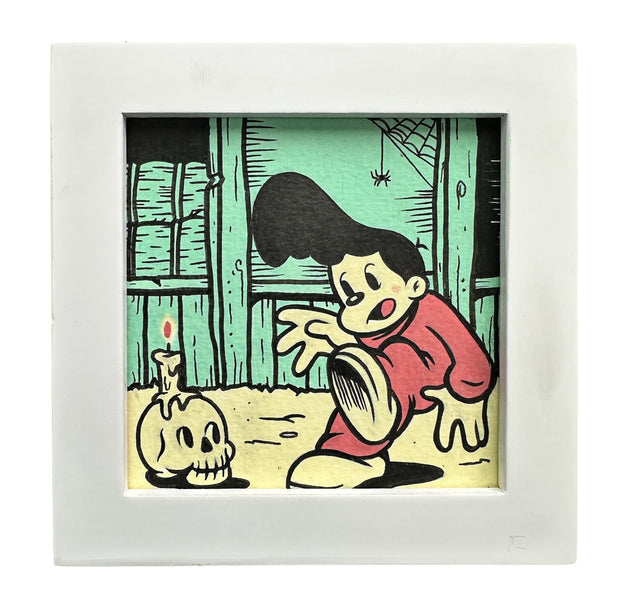 Cartoon character with a skull and candle in a framed artwork