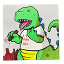 Flat colored painting on a gray canvas of a large green Godzilla kaiju, wearing a white ringer t-shirt that says "PUNK ROCK". It has its tongue out and holds a broken off piece of building.