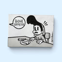 A rectangular black and white comic-style artwork featuring a seated cartoon character at a table in front of a bone on a plate with a speech bubble reading 'BONE APPETITE,' shown against a light blue background.