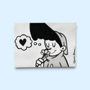 A rectangular art work featuring a black and white cartoon illustration of a girl with a thought bubble containing a heart, displayed against a light blue background.