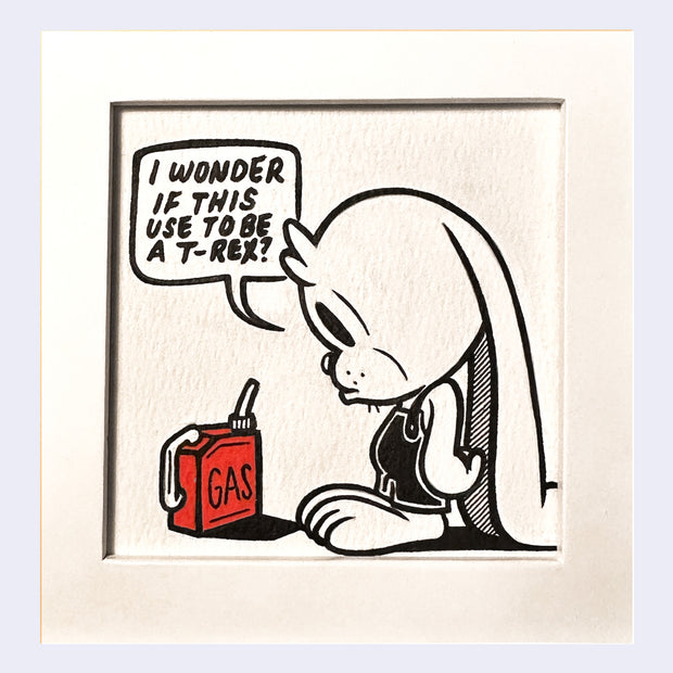 Cartoon character with a gas can and speech bubble on a light purple background