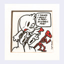 Cartoon character with a speech bubble and skeleton toy on a light purple background