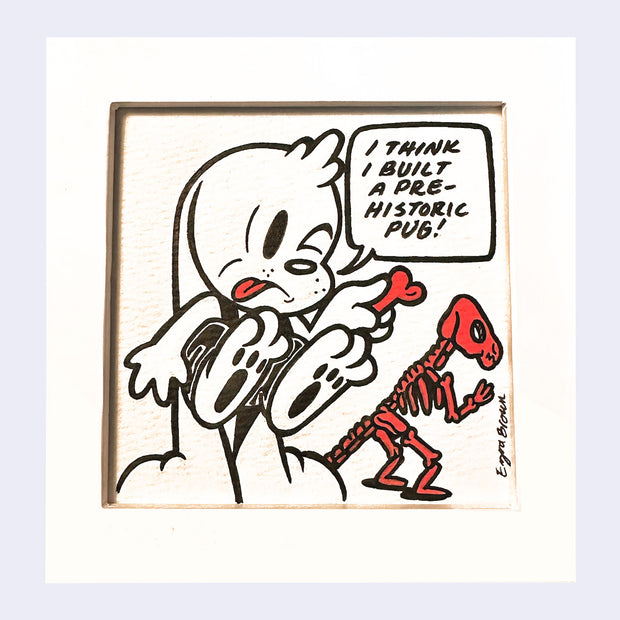 Cartoon character with a speech bubble and skeleton toy on a light purple background