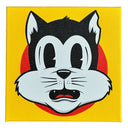 Illustration of a black and white cartoon cat, depicted in a very retro style reminiscent of early black & white cartoons. It has a frightened expression on its face. Background is solid yellow with a single red circle behind the cat's face.