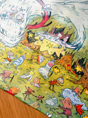 Colorful illustration on a neoprene desk mat of a dragon and fairies in a fantasy landscape with stars and flowers.