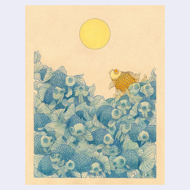 Illustration on tan toned colored paper of a sea of blue goldfish, all with large eyes and open mouths. Appearing out the top is a golden colored fish, looking towards the sun in the sky.