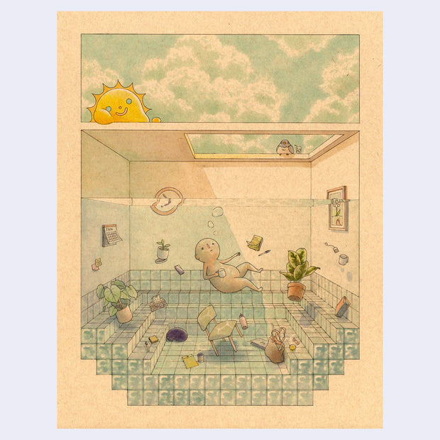 Illustration of a simplistic, round headed character floating in a room that is underwater. Objects from the room float within the water and a large opening in the ceiling lets in sun. 