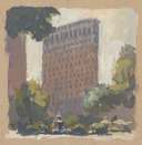 An impressionistic painting of a tall brown building surrounded by green trees and shrubs, rendered with visible brushstrokes on a tan paper background.
