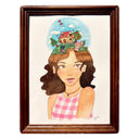 Watercolor illustration of a girl with brown hair, wearing a pink and white gingham top. Atop her head is a small scene with a whimsical house, trees, and animals against a light blue sky background.