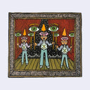 Illustration made with many lines, giving it the feel of a folk art woodcut on a rectangular wood panel of 3 performers on a stage, holding up faces over their heads and all exclaiming triangular shapes.