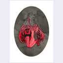 Illustration of a red angel with wings, with her head bowed down sadly and a star shard piercing through her back