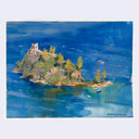 A watercolor painting of a small green island with a stone tower, surrounded by deep blue water and a few small boats, shown on a white background.