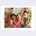 Painting of a woman looking in the mirror and touching up her lipstick with her pinky finger while other woman do their makeup in the background.