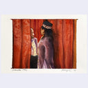 Painting of a woman looking at a man who stands mostly behind a long red curtain.