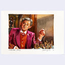 Artistic depiction of a character in a magenta suit playing chess.