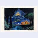 Fantasy landscape with a castle, trees, and a glowing pumpkin carriage on a light blue background