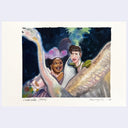Artistic depiction of a woman and a man with a large bird, inspired by 'Cinderella'.