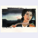 Artistic depiction of a woman with a blurred landscape in the background