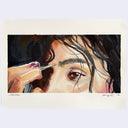 Artistic depiction of a hand using tweezers near a person's eye with a neutral background