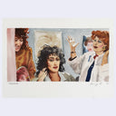 Illustration of a woman getting her hair done with mirrors and styling tools.