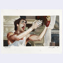 Painting of a man screaming, with one of his hands bloody red