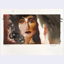 Artistic depiction of a woman's face with dark hair and makeup, on a textured white background.