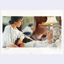 Painting of a film still from Moonstruck f a woman tending to an older woman in bed.