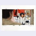 Painting of a film still from Moonstruck of a man looking at a woman while she faces him and pins up her hair.
