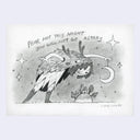 A black and white hand-drawn illustration on a white background of a girl in a monster costume, holding a crescent moon over a small island town with the text 'FEAR NOT THIS NIGHT YOU WILL NOT GO ASTRAY'.