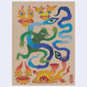 Various colored pencil illustrations on a tan piece of paper of various monsters with one eye.