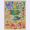 Colored pencil drawings on a tan sheet of paper of various creatures and monsters in abstract shapes.
