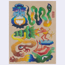 Colored pencil drawings on a tan sheet of paper of various creatures and monsters in abstract shapes.