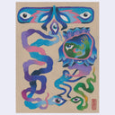 Colored pencil drawings on a tan sheet of paper of various creatures and monsters in abstract shapes.