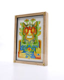 Watercolor illustration on textured white paper of a character made out of geometrically shapd plants and flowers. It has squared shoulders and different colored outlines. It holds one hand up, both hands are around a flower.