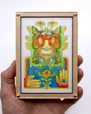 Watercolor illustration on textured white paper of a character made out of geometrically shapd plants and flowers. It has squared shoulders and different colored outlines. It holds one hand up, both hands are around a flower.