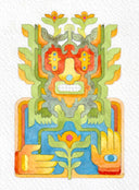 Watercolor illustration on textured white paper of a character made out of geometrically shapd plants and flowers. It has squared shoulders and different colored outlines. It holds one hand up, both hands are around a flower.