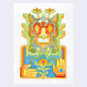 Watercolor illustration on textured white paper of a character made out of geometrically shapd plants and flowers. It has squared shoulders and different colored outlines. It holds one hand up, both hands are around a flower.