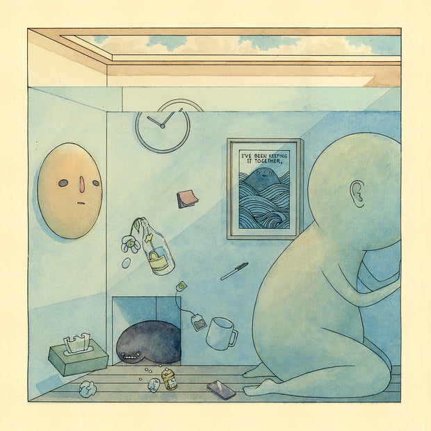 Ink and watercolor illustration on cream paper of a room interior, under water. Mounted on one wall is a round face, on the opposite side is a large character looking through a wall, its face unseen. Items float in the flooded room, such as mugs, pills, tissues, etc.