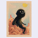 Illustration of a black figure with a simple smiley face, emerging out of a deflated body with steam rising behind it and a yellow sun in the sky.