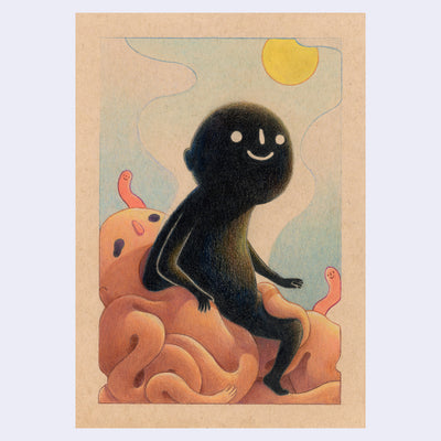 Illustration of a black figure with a simple smiley face, emerging out of a deflated body with steam rising behind it and a yellow sun in the sky.