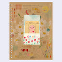 Drawing on the back of a hardcover sketchbook cover with a library card attached, with a tan colored character with a heart.