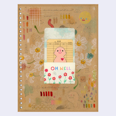 Drawing on the back of a hardcover sketchbook cover with a library card attached, with a tan colored character with a heart.