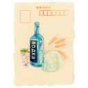 Color pencil illustration of a blue bottle of Russian vodka, next to a short cocktail glass.