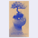 Blue pencil drawing of a person with a tree on their head and text on a beige background